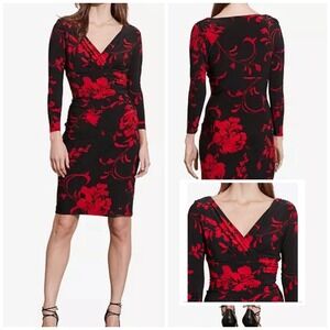 y2k Lauren Ralph Lauren Black Floral Dress 6P Red Wrap Vampy Quiet luxury New